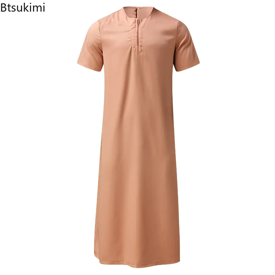 Muslim Fashion Mens Solid Robes Saudi Style Zipper Jubba Thobe Man Abayas Short Sleeve O Neck Muslim Arabic Islamic Clothing 5XL