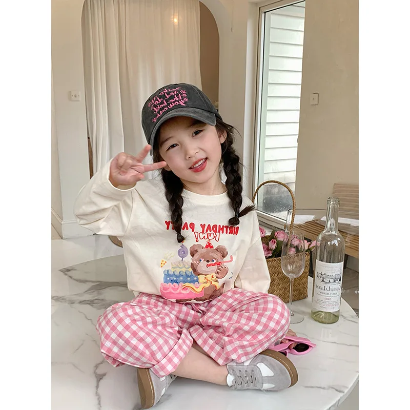 

Korean 2024 Spring Autumn Children Girl T Shirt Cartoon Bear Print Patchwork Baby Girls Shirt Versatile Cotton Kid Girl Pullover