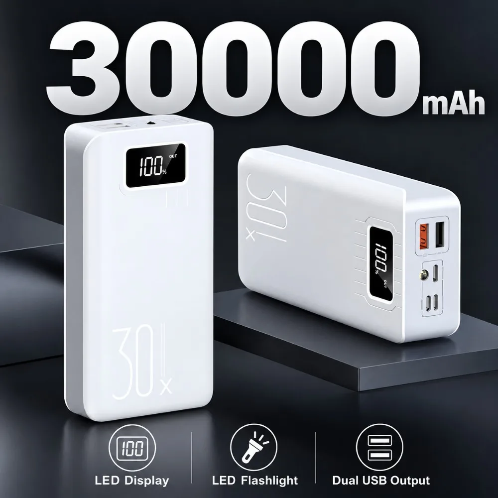 New 30000mah Power Bank 22.5W Fast Charging Multiple USB Ports External Large Battery Portable Charger for IPhone Samsung Xiaomi
