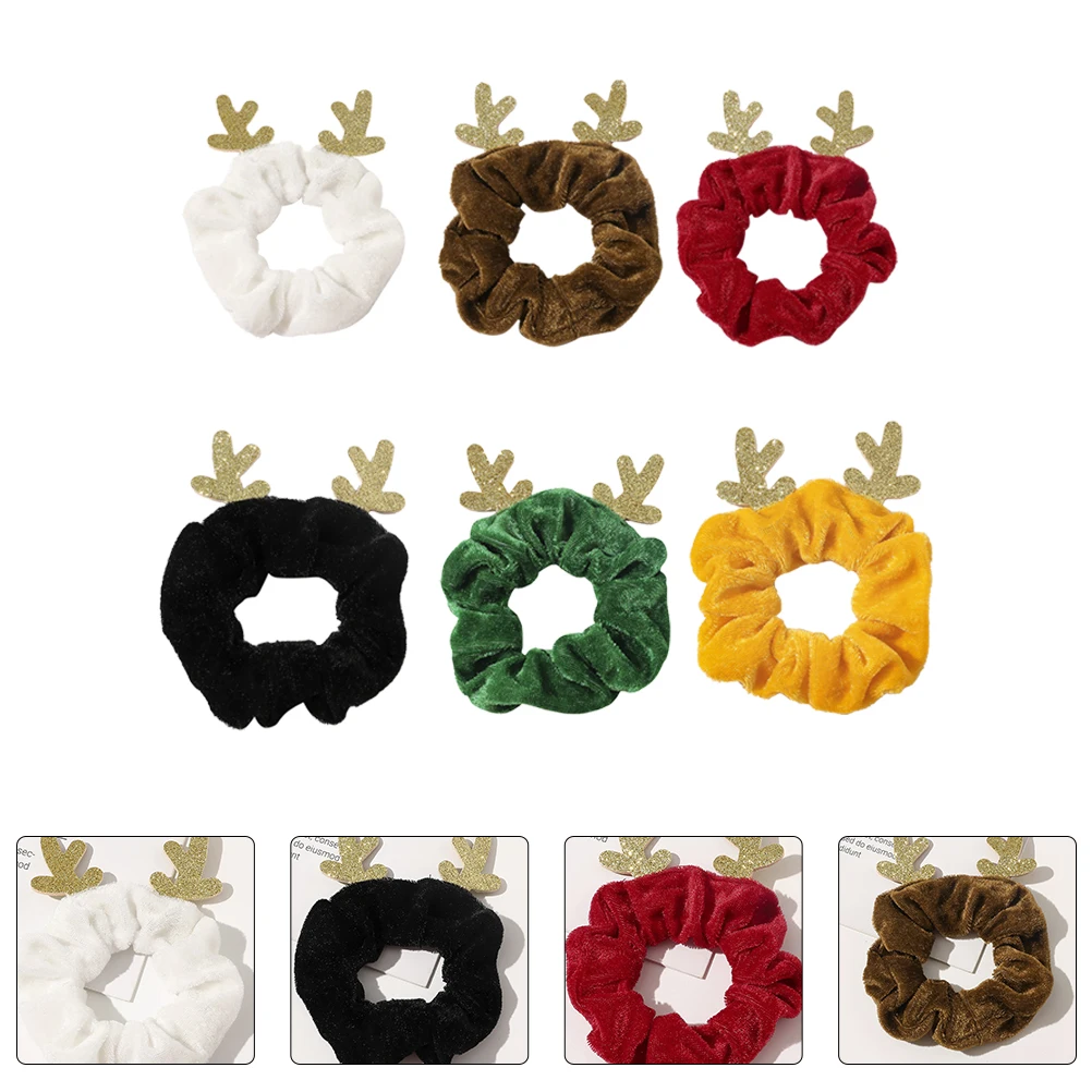 

6pcs Elk Hair Ropes Bright Color Elastic Hair Ties Women Girls Accessories Durable Cloth Christmas Antler Rings