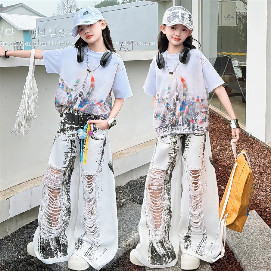 

Kids Child High Fashion Digital Print Streetwear Hip Hop Outfit T-shirt Pants Suit for Girls Hiphop Style Stage Wear Clothes Set
