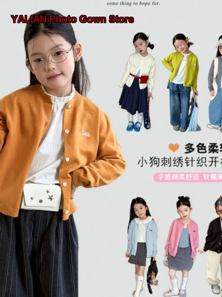 Girls Hooded Knit Spring Autumn Jacket Kids Autumn Embroidered Puppy Top