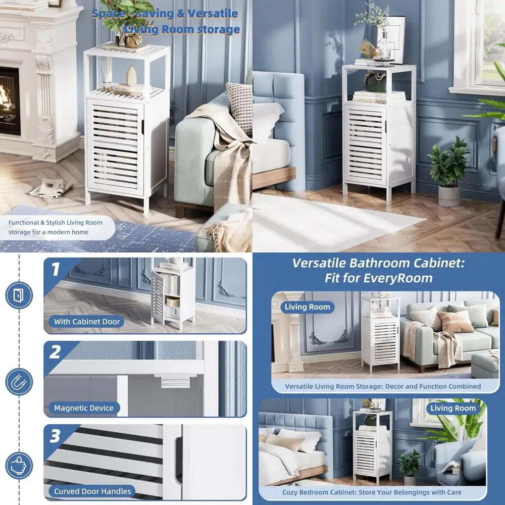 Bamboo Bathroom Storage Cabinet, 4 Tier Small White Floor Cabinet with Single Door, Free Standing Slim Narrow Storage Organizer