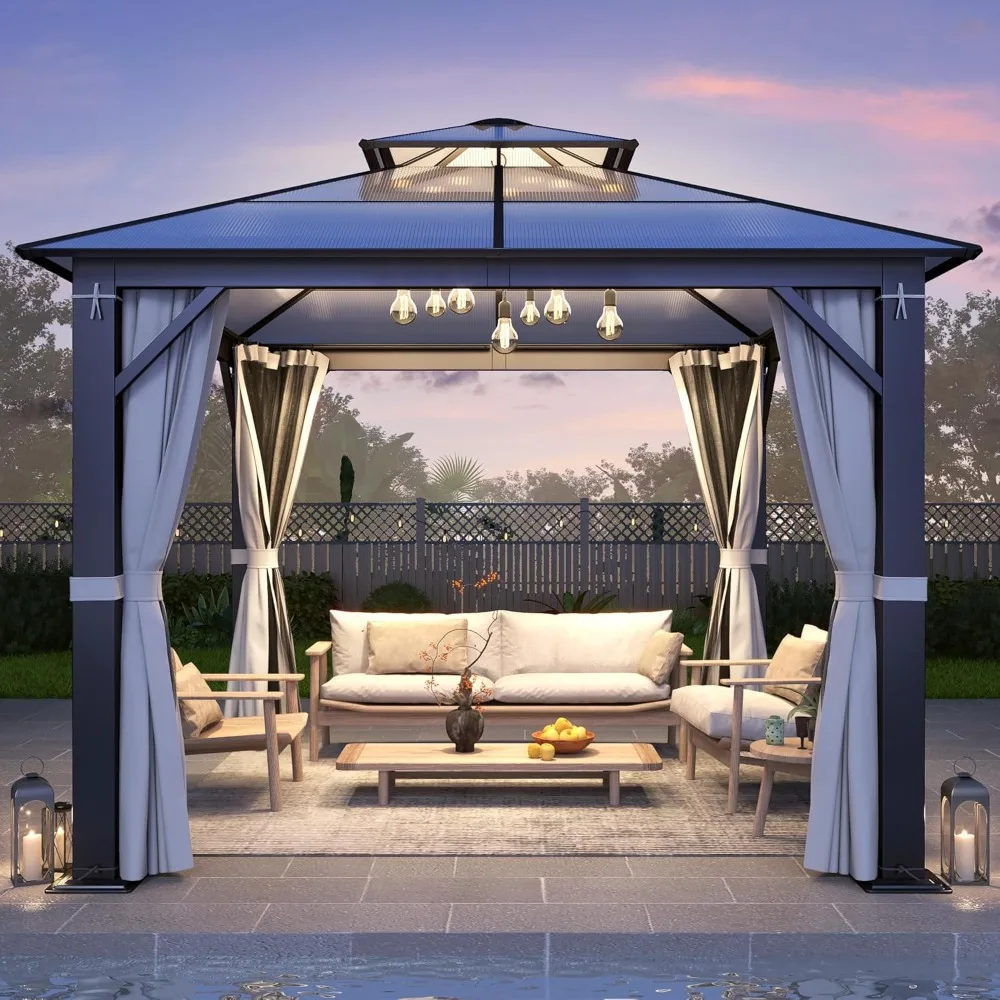 

10x10FT polycarbonate hardtop gazebo, double roof - heavy steel frame gazebo with breathable mesh and privacy curtains