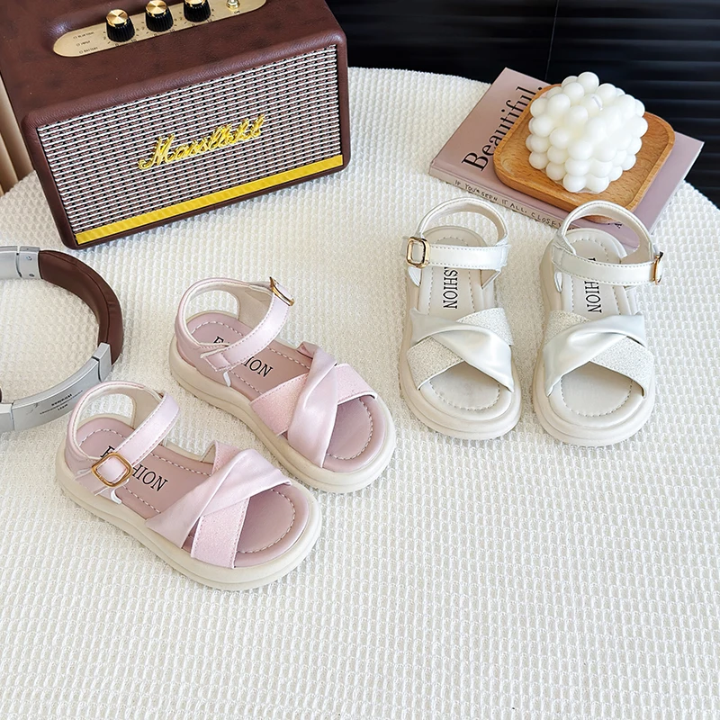 Girls Sandals Princess Sweet 2025 Brand New Kids Summer Beach Shoes Anti-slippery Open Toes Hook & Loop Fashion Design 26-37 Hot