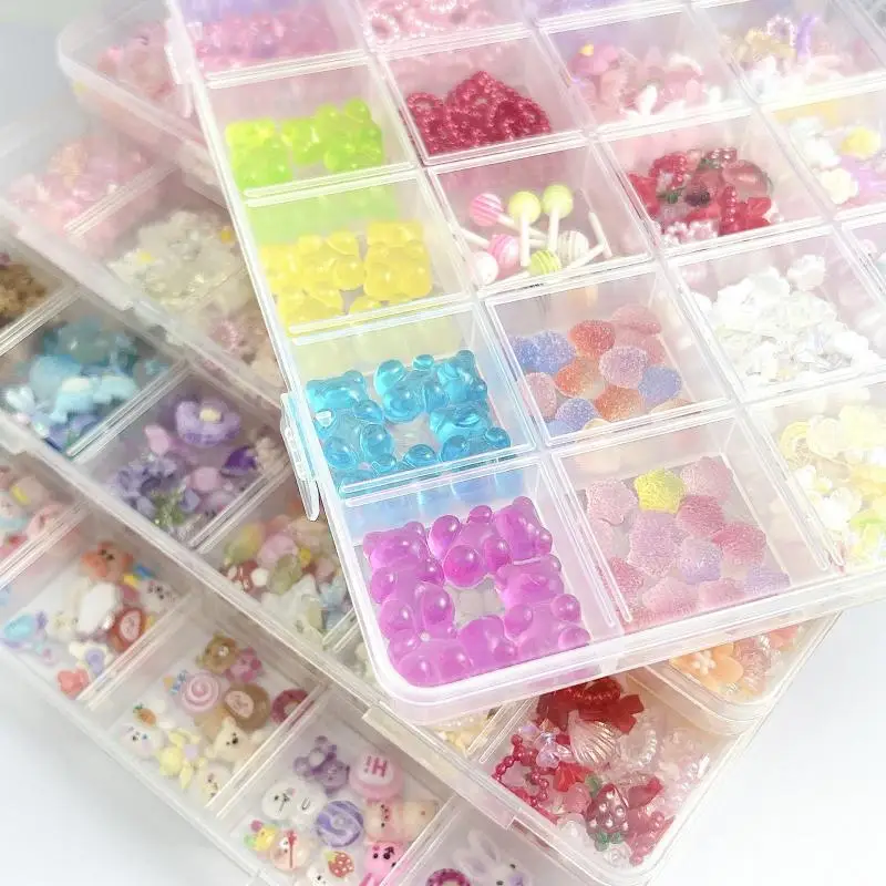 1 صندوق عشوائي مختلط الألوان الزهور الانحناء مسمار السحر الكرتون السجق الفم لطيف أرنب خنزير الراتنج مسمار الفن زينة DIY بها بنفسك مسمار