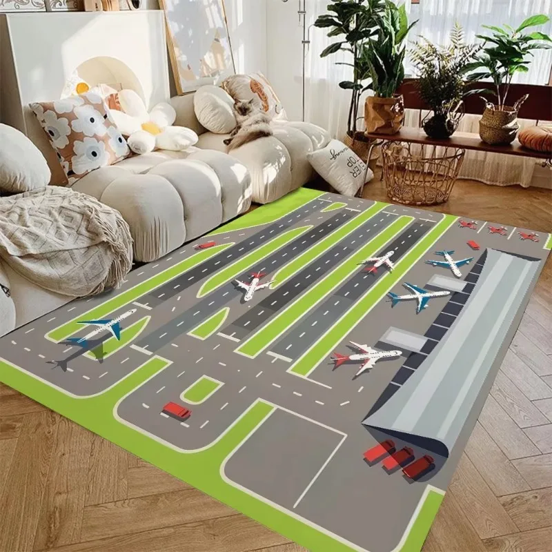 Airport Runway Kids Play Area Rug Flannel Carpet Non Slip Game Floor Mat for Toddler Playroom Bedroom Indoor Activity Decor