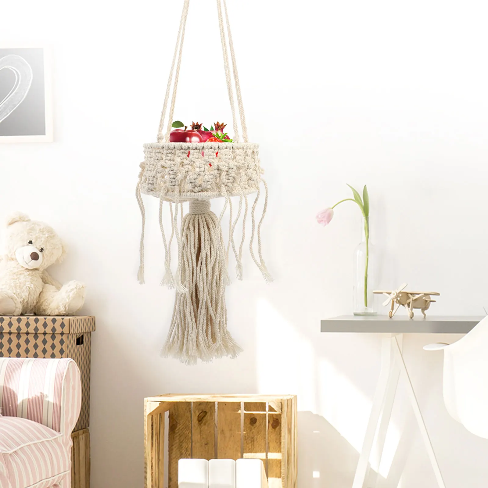 

1Pcs Decorative Woven Hanging Basket Beige Plant Pot Storage Container Cotton Rope Bohemian Style Handmade Flower Holder