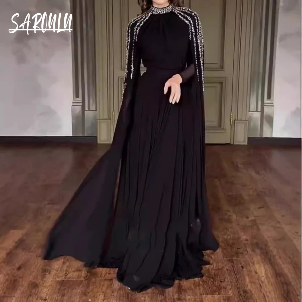 Modest Arabic Dubai Long Sleeves Evening Dress In Stock Silver Deatils A Line Formal Events Wear Classic High Neck Prom Gown