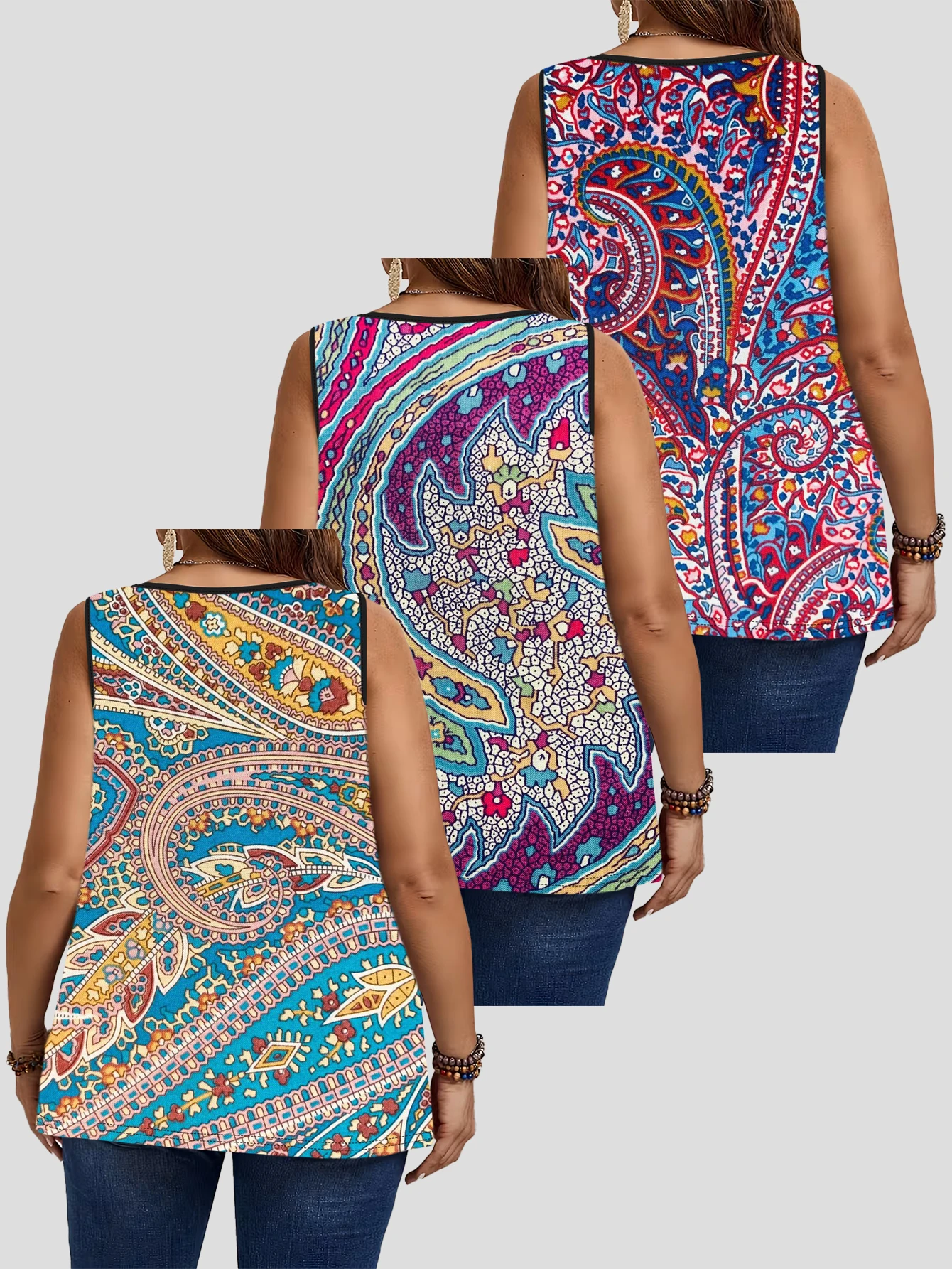 3-Piece Set of Plus-Size Women's Vests, Bohemian Colorful Geometric Paisley Print Loose Sleeveless Tops