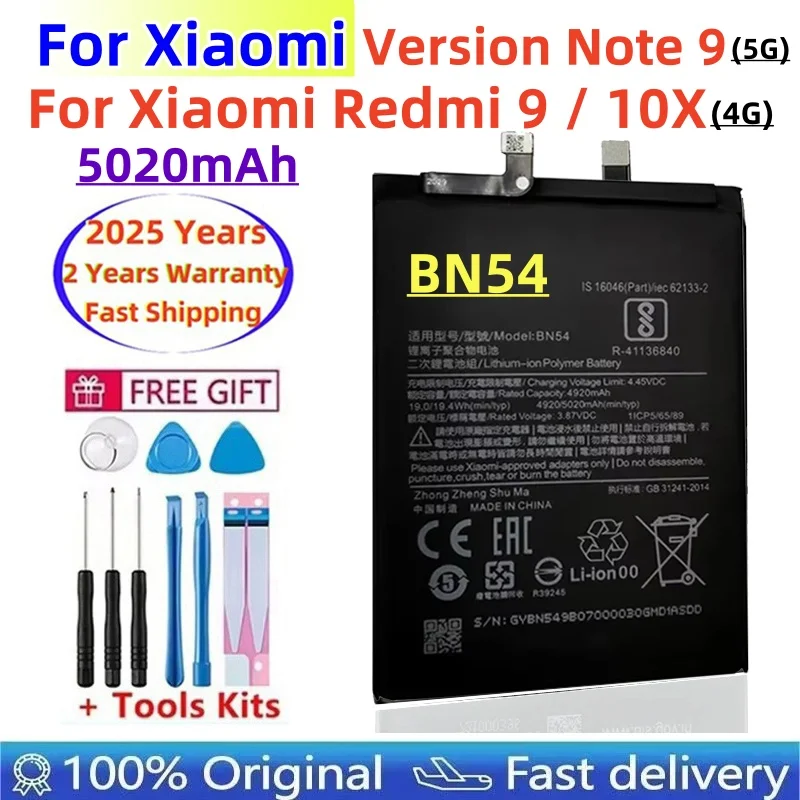 Fast Shipping 2025 Years BN54 Original Battery For Xiaomi Redmi Note 9(5G) Note9 / Redmi 9 / Redmi 10X(4G) Phone Bateria+Tools