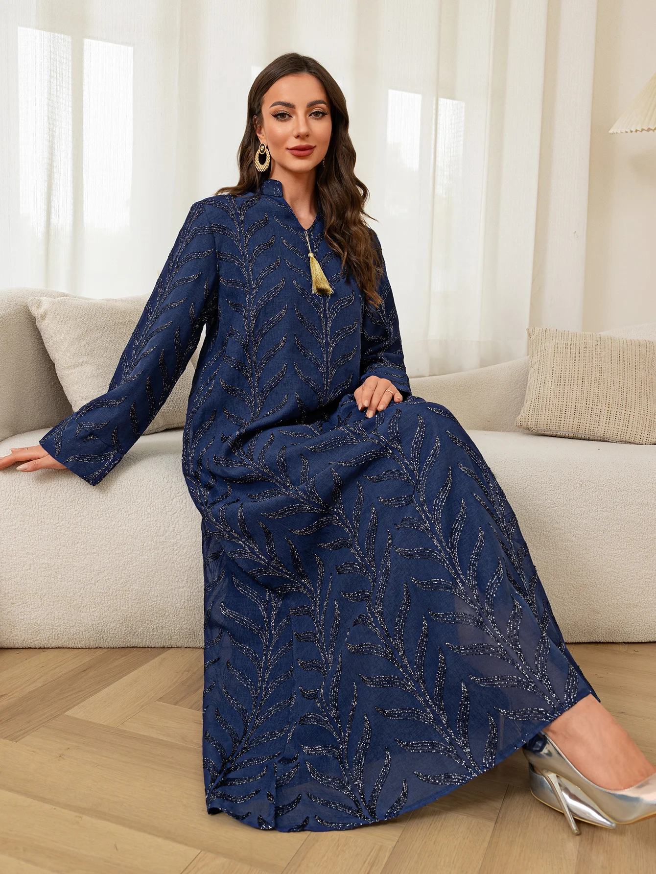 Islamic Blue Abaya for Women black leaf and a decorative tassel Suited for Ramadan activities formal Middle East religious event