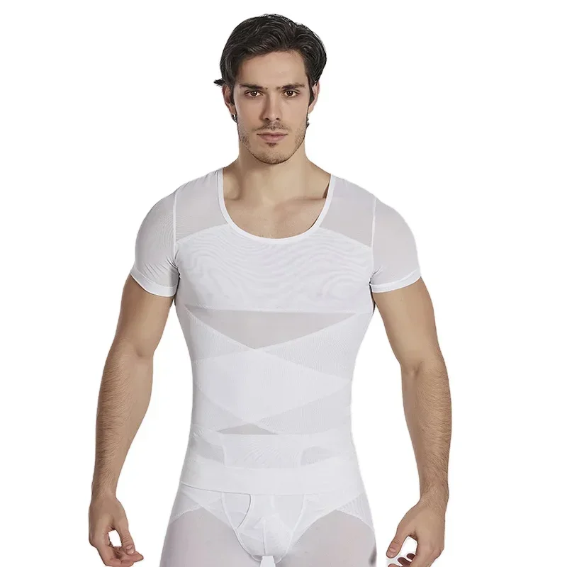 Men Mesh Body Shapewear Short-Sleeved Cross Abdomen Shapewear Men\'s Shaper Slimming T-Shirt Corset Compression Shirt