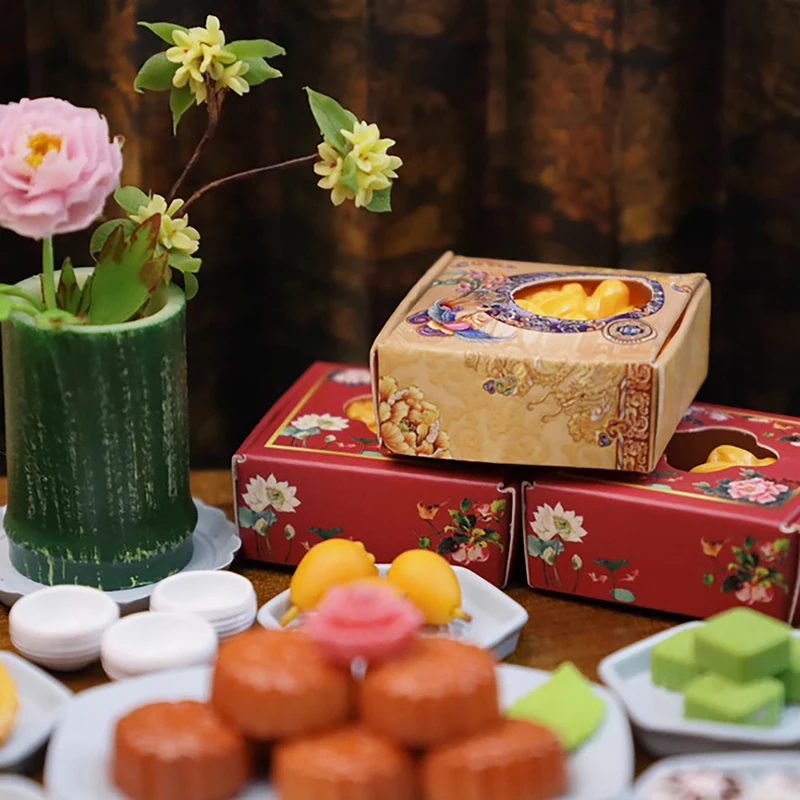 DollHouse Food Play Mini Moon Cake with Boxes Mid-Autumn Mooncake Food Dessert Model for Kitchen Restaurant Furniture Decoration