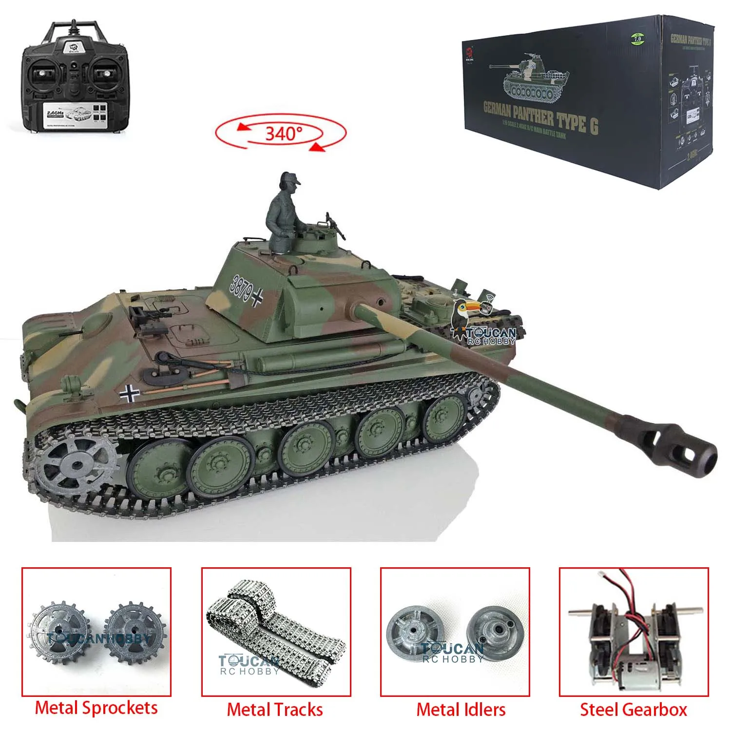 Toys Heng Long 1/16 Scale 7.0 RC Tank 3879 Upgraded German Panther G RTR Metal Tracks Remote Control Car for Boys TH17488-SMT4