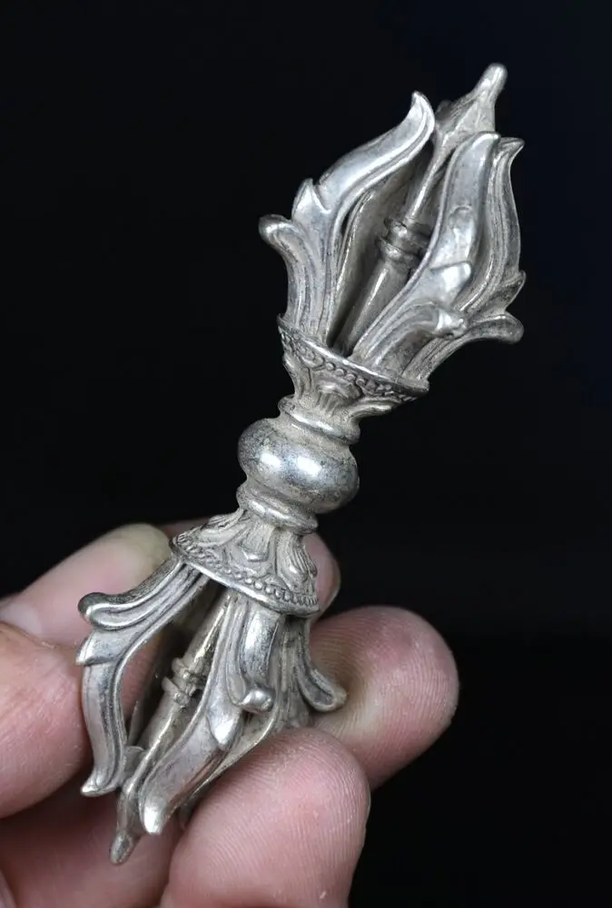 8.9CM  Old Chinese Miao Silver Buddhism Faqi Vajra Phurba Dagger Holder Pendant