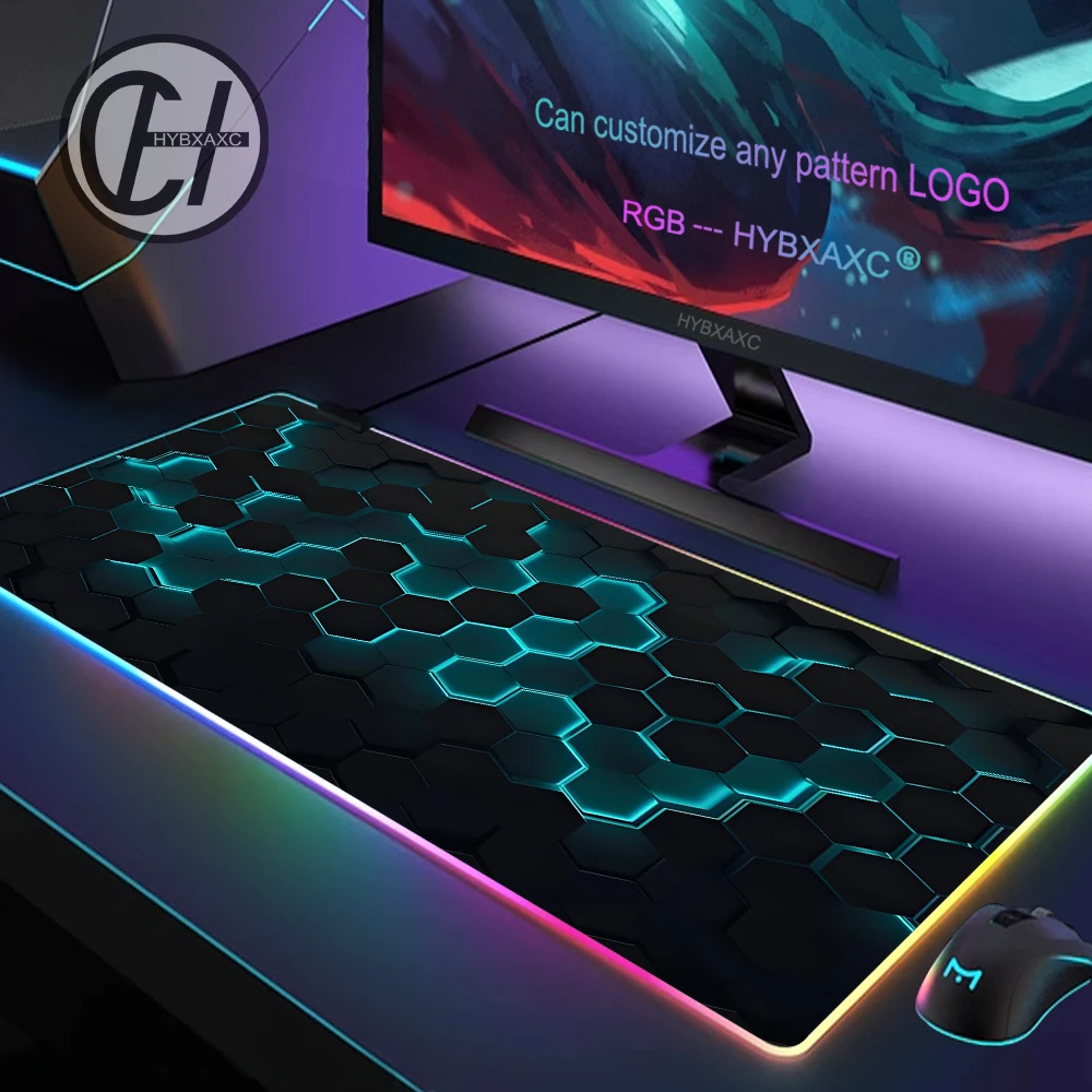 

Hot Large Deskmat Hexagon Geometric Art Abstract Mouse Pad RGB Gaming Mat HD Gamer Large LED Light XXL MousePads Computer Carpet