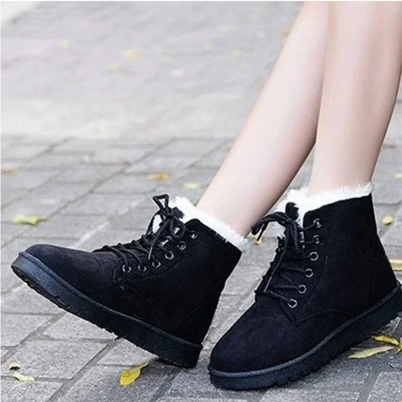 Smile Pop Winter New Flat Snow Boots Comfortable Warm Velvet Plush Cotton Shoes Round Toe Snow Boots Lace-up Short Boots Women