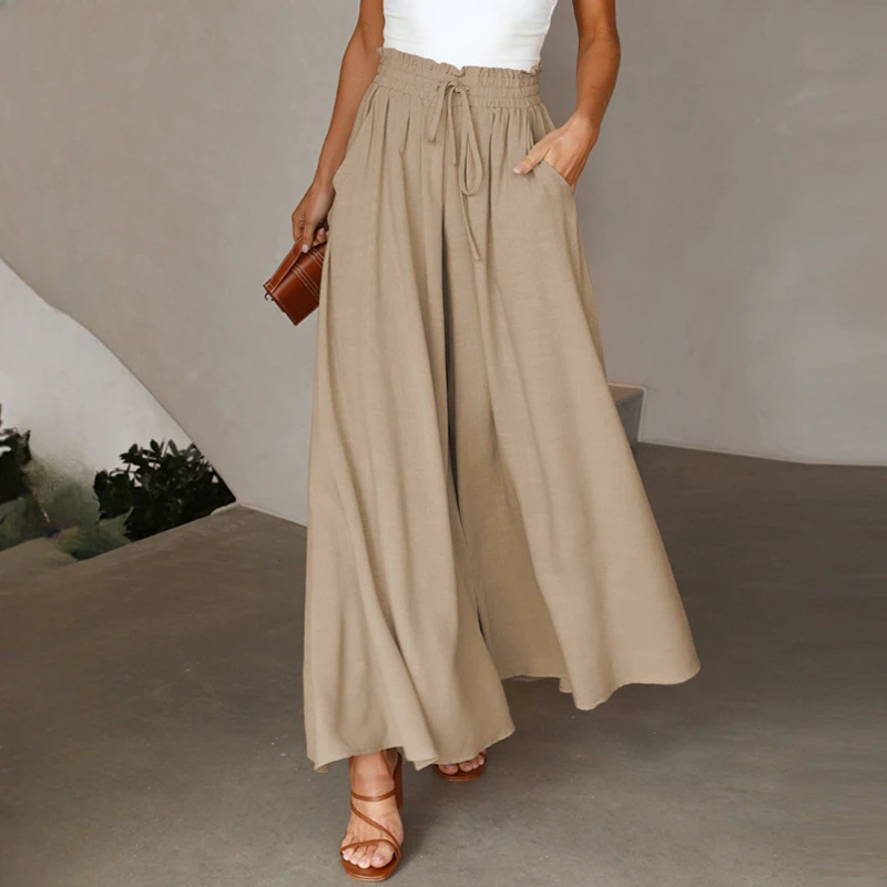 

Boho Elastic Waist Lace-up Wide Leg Pants For Women Summer Casual khaki Cotton Rayon Floor Length Loose Beach Women's Pants