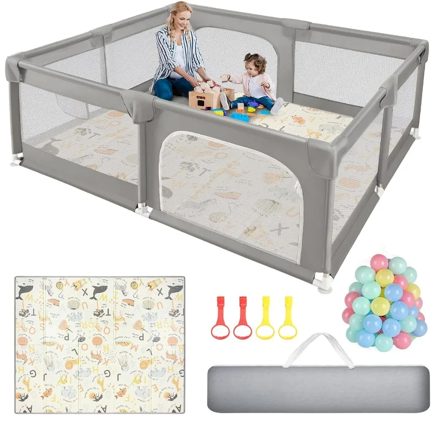 Box per bambini extra large al limone acido da 79x71 pollici con tappetino da gioco e recinzione per cancello di sicurezza per uso interno ed esterno Include 50 Ocean Bal