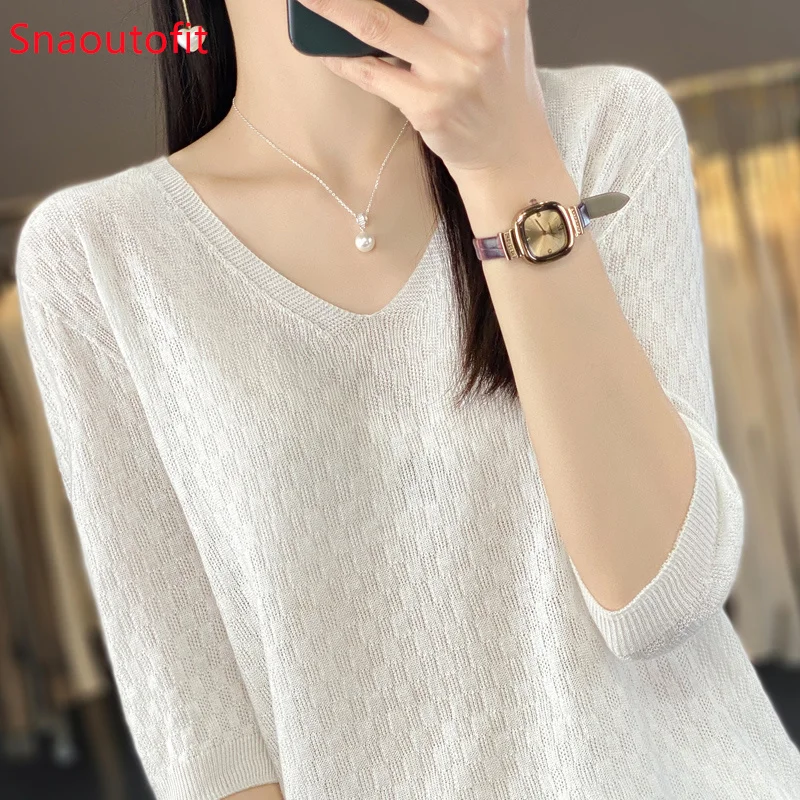 V-neck Fine Imitation Cashmere Short-Sleeved Women Knitt T-shirt Summer Waffle Thin Wool Sweater Loose Pullover Half-Sleeved Top