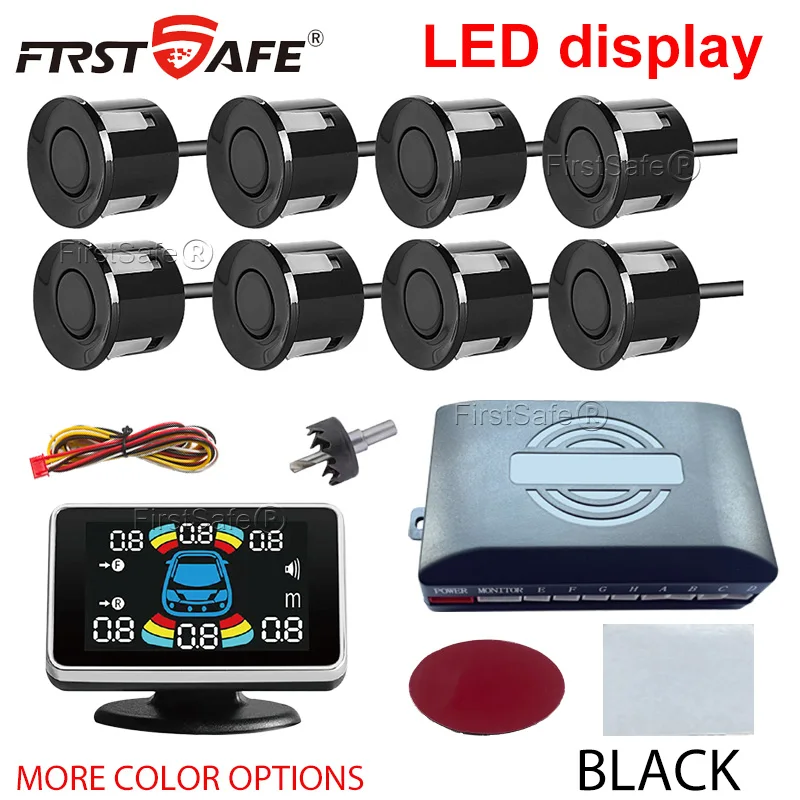 

LED parking sensor kit, 6/8 sensors, 22mm reversing radar, multi language audio prompt alarm indicator system, 12 colors