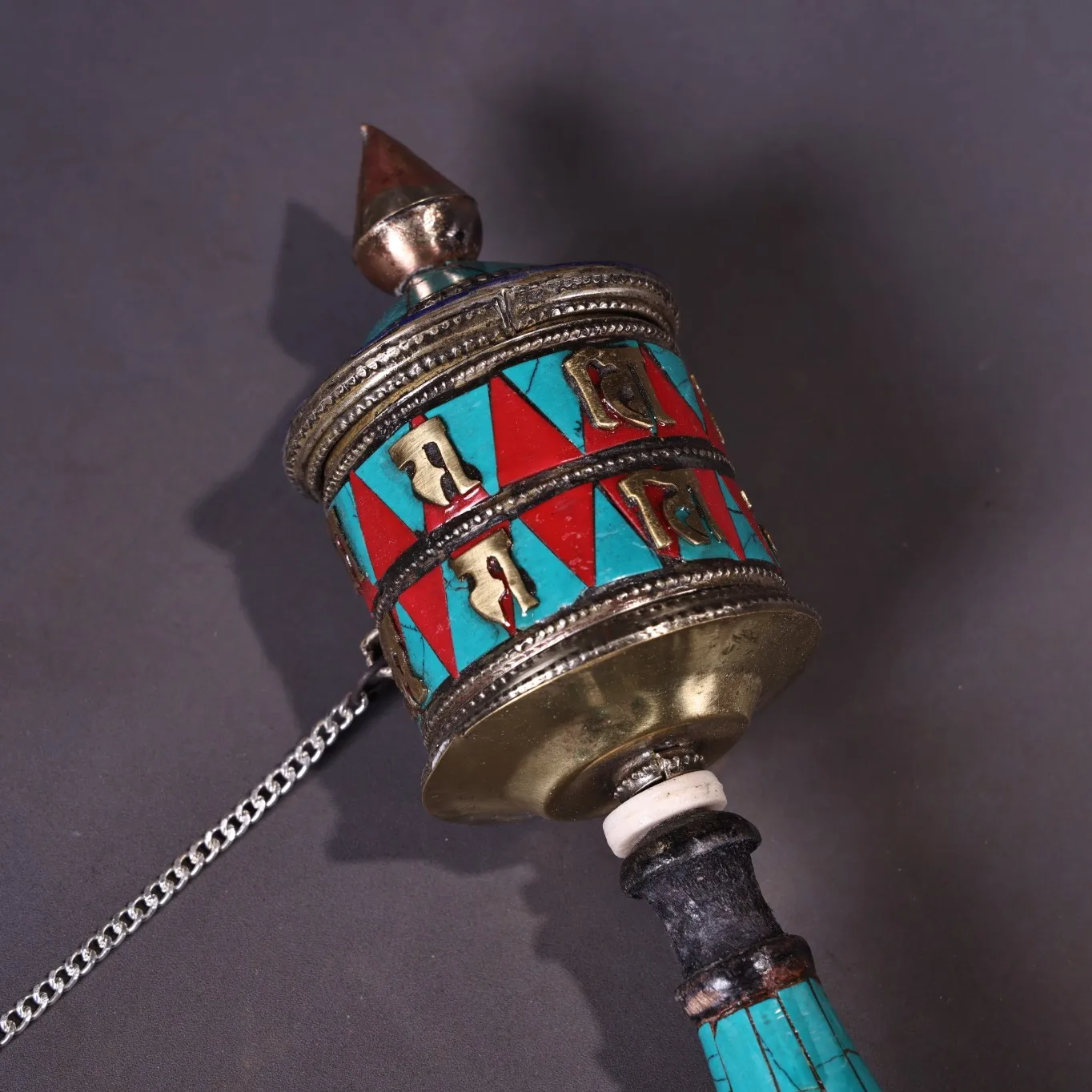 8”Tibetan Temple Collection Old Tibetan Silver Gilded Filigree Mosaic Gem Turquoise Prayer Wheel Old Scriptures Worship Hall