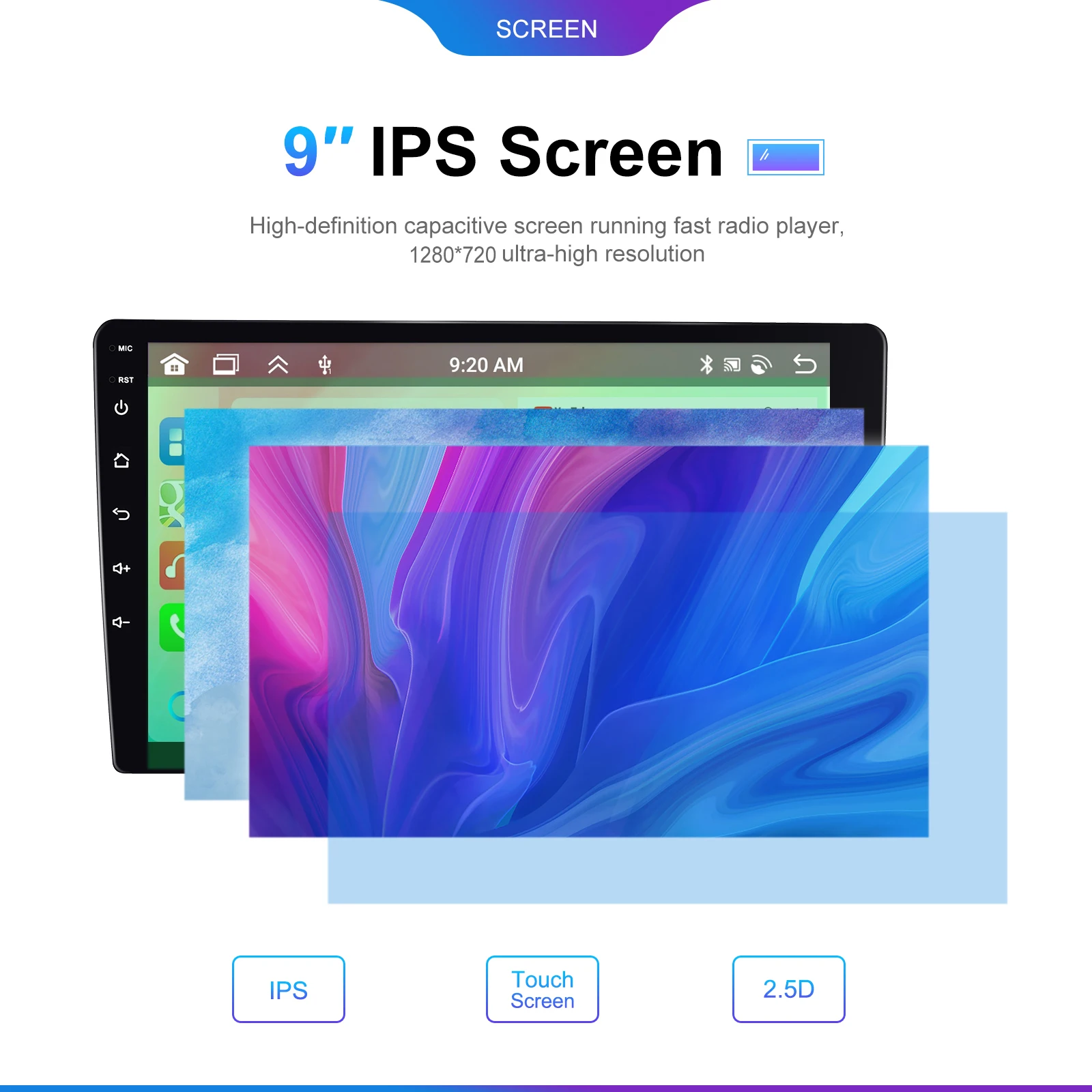 Podofo, lettore multimediale per auto con sistema Android, schermo IPS in vetro temperato da 9 pollici, 6+128 GB di memoria, processore DSP, navigazione GPS, WiFi, Bluetooth, radio FM RDS, CarPlay