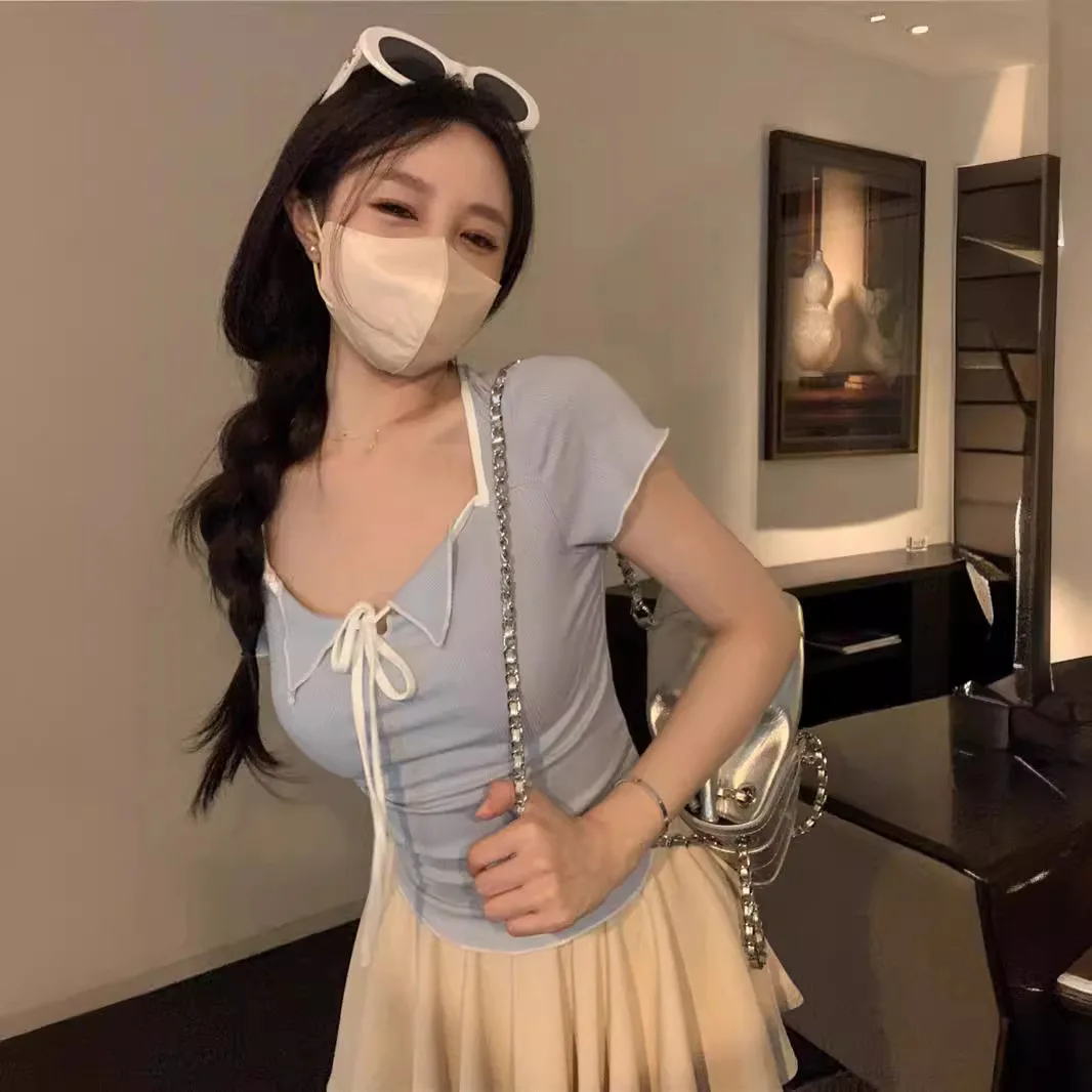 

Sweet Yellow Pink Blue V-Neck Short Sleeves Women's Summer Design Top Cotton Silk Lightweight Regular Fit Casual Streetwear