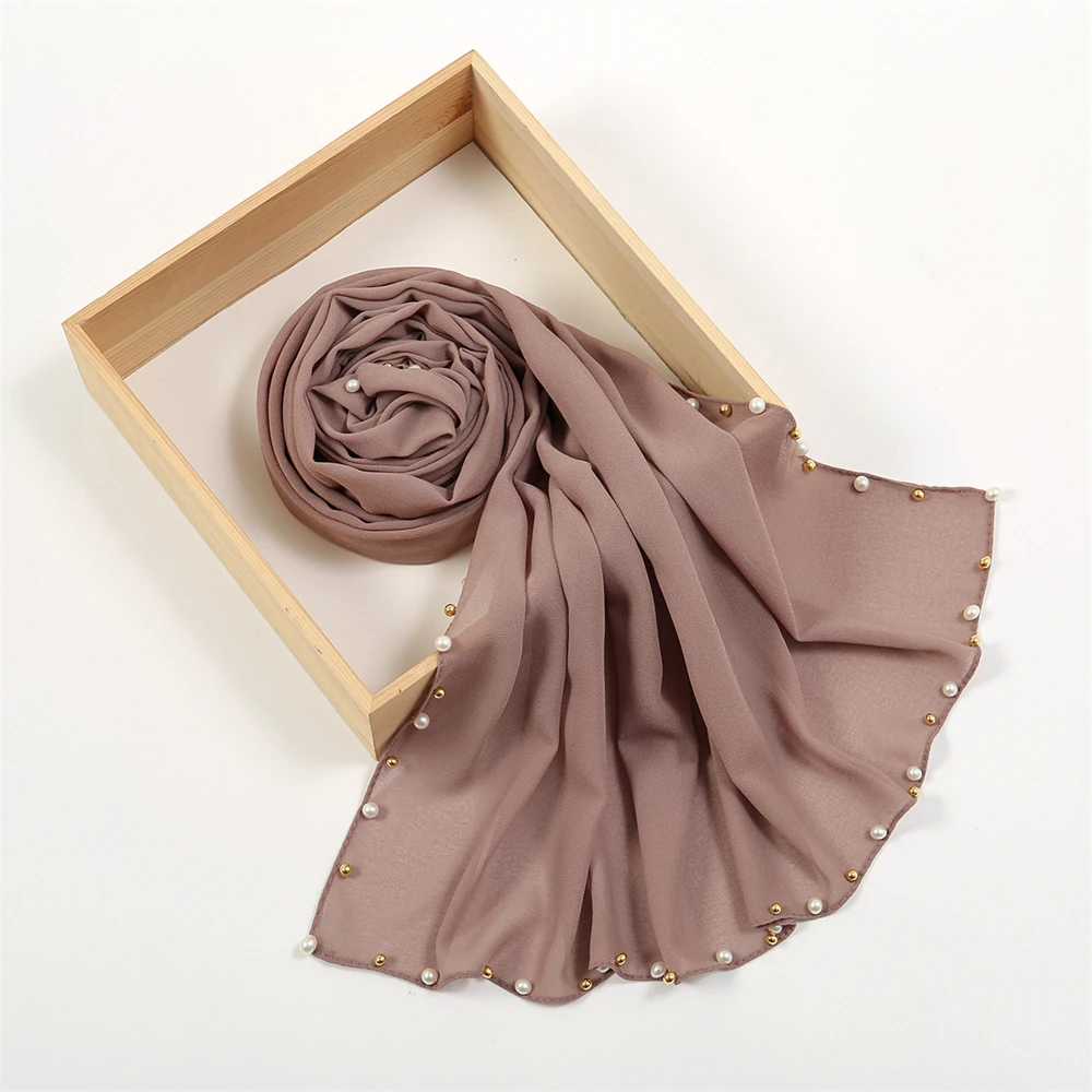 Plain Pearl Bubble Chiffon Scarf Muslim Woman Head Hijab Wrap Solid Bead Shawls Handmade Plain Headband Foulard Femme Hijabs