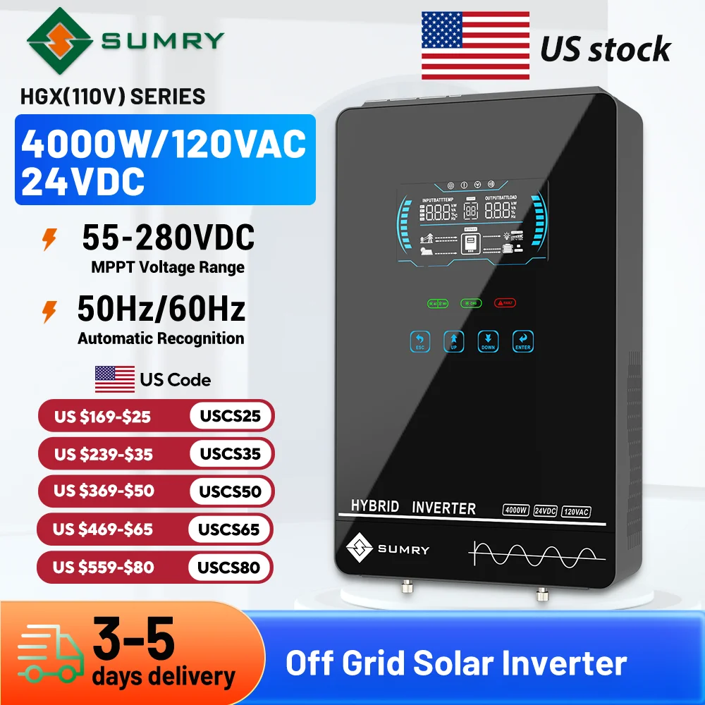Sumry 4000W Off Grid Hybrid Inverter 24V 140A 5600W MPPT Solar Charger Pure Sine Wave Inverter for Home 6.25 Inch LCD Display