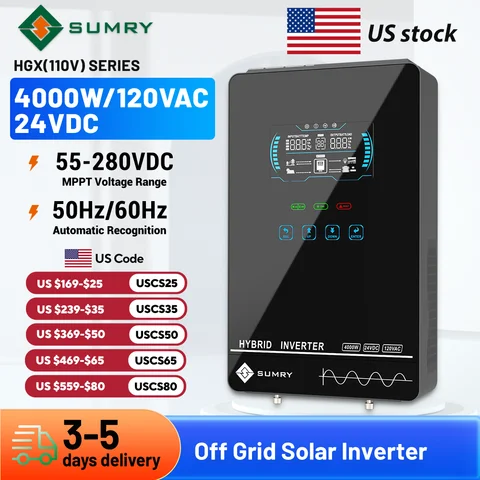 Sumry 4000 W netzunabhängiger Hybrid-Wechselrichter, 24 V, 140 A, 5600 W, MPPT-Solarladegerät, reiner Sinuswellen-Wechselrichter für Zuhause, 6,25 Zoll LCD-Display
