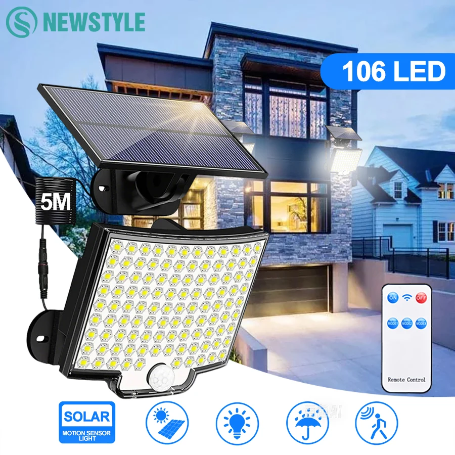 Solar Flood Lights Outdoor 106/318 LED Solar Motion Lights Remote Solar Security Lights Wall Lights Waterproof 3 Modes Garden