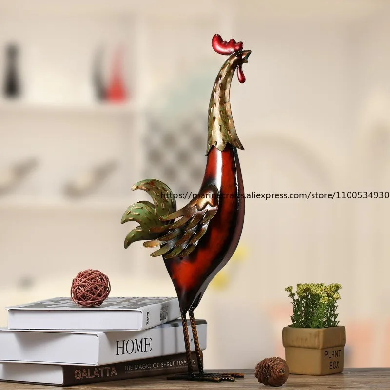 Estatuilla de gallo pintada a mano con grano de madera y artesanía de hierro, decoración del jardín del hogar, obra de arte de Metal, escultura rústica de pollos