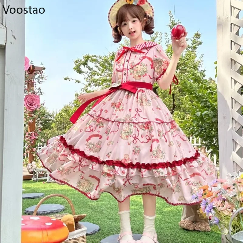 Sukienka w stylu wiktoriańskim, słodka, elegancka Lolita, damska, kawaii, urocza, z nadrukiem misia z kreskówki, falbankami, kokardą, sukienka księżniczki, vintage, na wieczorne przyjęcie.