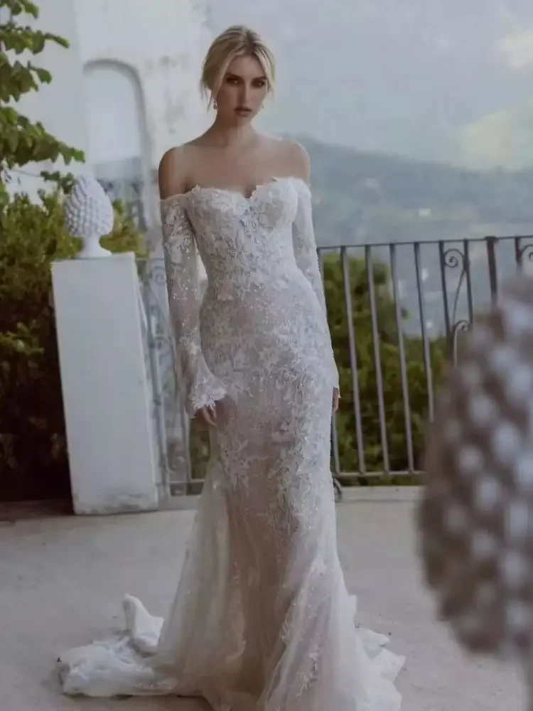 

Flavinke Customized Off The Shoulder Wedding Dresses Sequined Beads Long Sleeves Applique Mermaid Bridal Gown Robe De Mariée