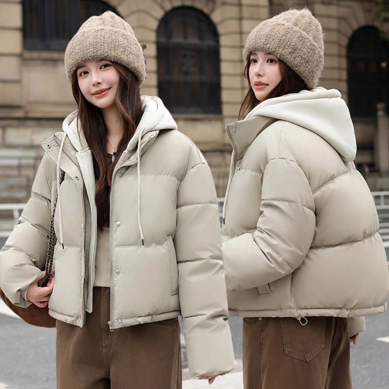 

Fake Two Cotton Padded Jackets Wash-free pu Winter New Short Down Coats Thick Warm Fluffy Hooded Casual Bread Coat Trend 2025