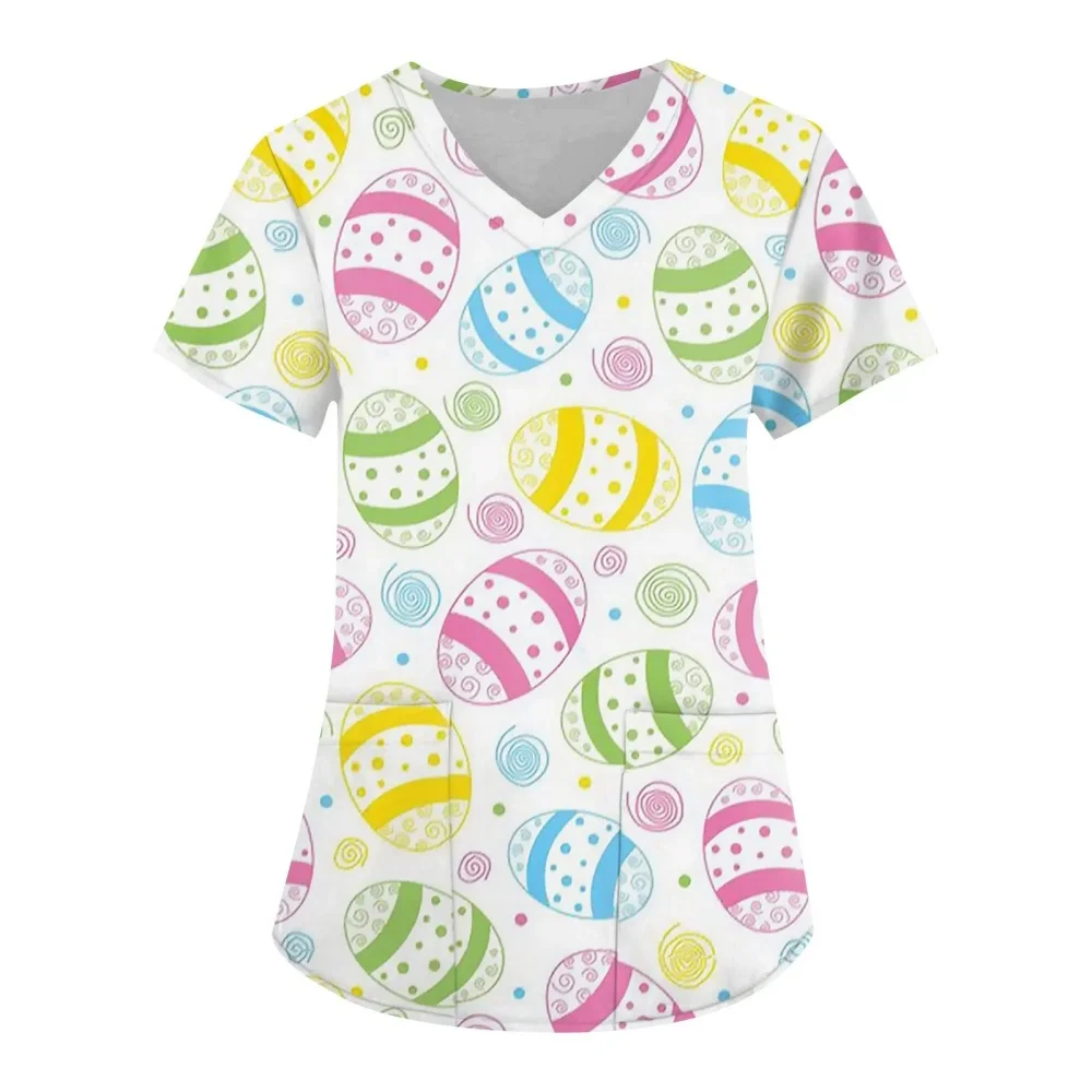 2025 Women Scrub Short Sleeve V-Neck Medical Uniform Tops Cartoon Working Nurse Uniform Christmas Thanksgiving Tshirt Enfermeria