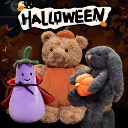 20-30cm Cute Halloween Pumpkin Suit Bunny Plush Dolls Stuffed Soft Brown Teddy Bears Earmuff Cape Eggplant Halloween Decor Gifts