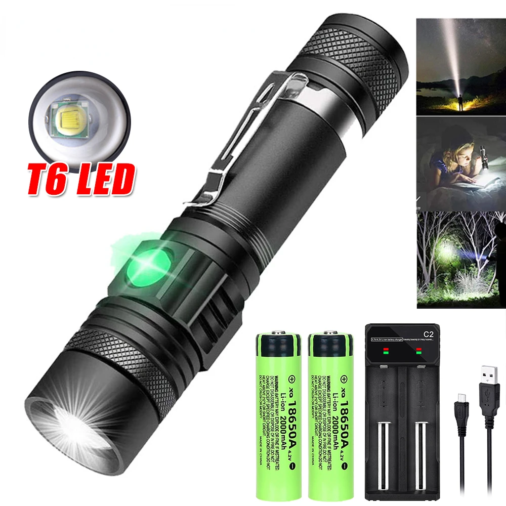 Lanternas LED de alta potência Zoomable, Tocha de acampamento com contas de lâmpada LED T6, Impermeável, 4 modos de iluminação, Carregador USB multifuncional