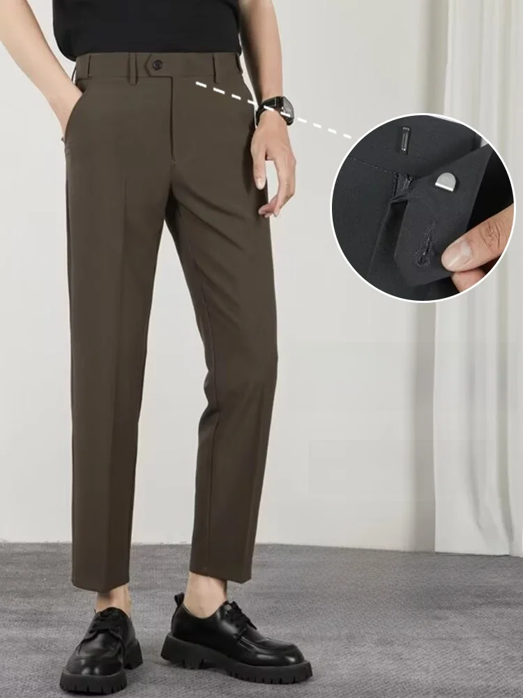 

Новые летние мужские брюки прямого кроя, зауженные, укороченные (до щиколотки), однотонные, не требующие глажки, с эффектом драпировки, для делового стиля, длинные брюки в стиле кэжуал.