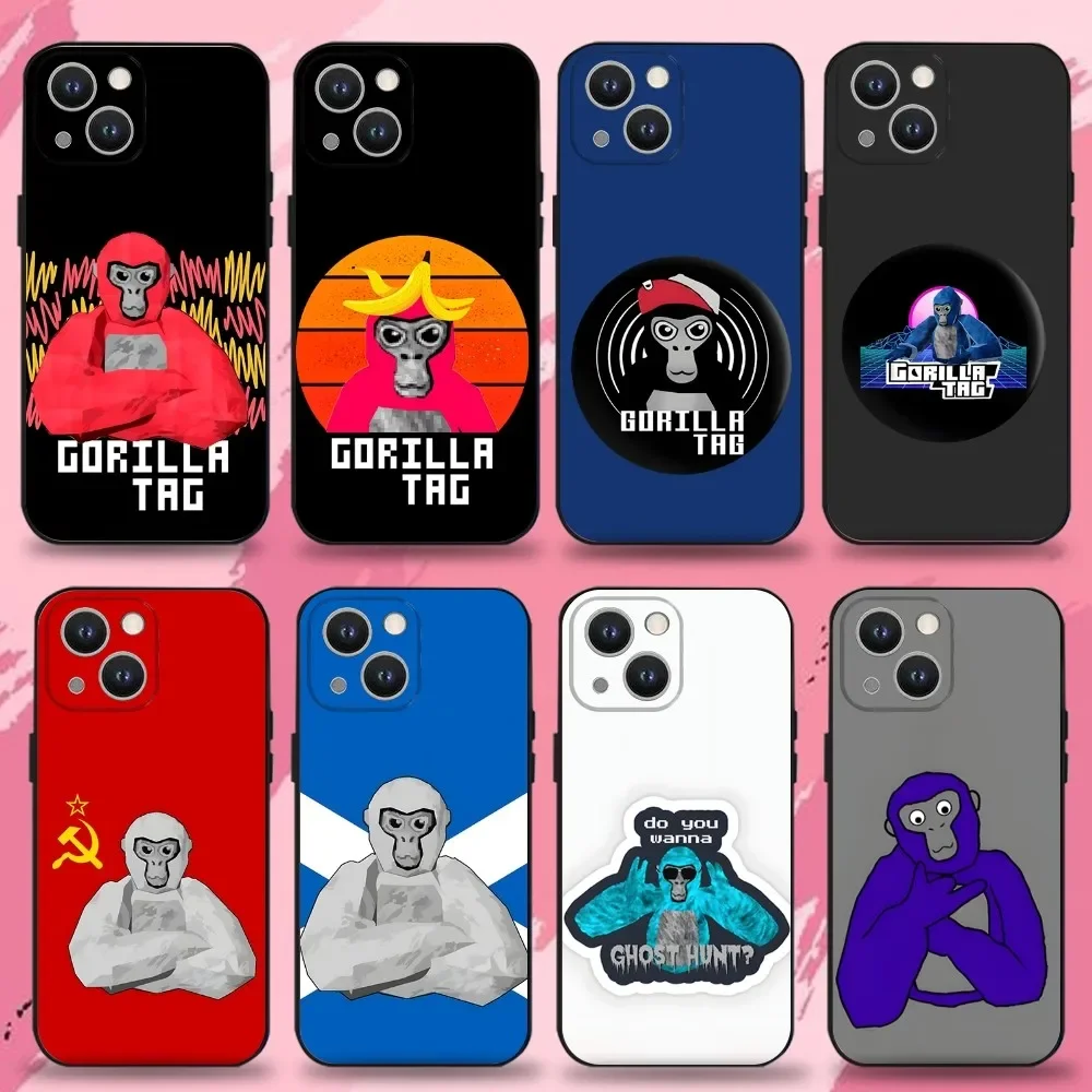 Funda de silicona suave negra para iPhone 16, 15, 14, 13, 12, 11 Plus, Pro Max, XS, X, XR, SE, Mini, 8, 7 con diseño de juego Monkey G-Gorilla TagS