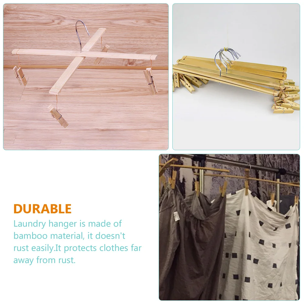

2pcs Bamboo Pants Hanger 4 Clips Sock Dryer Clothes Hanger Laundry Rack for Underwear Towel Balcony Air Drying