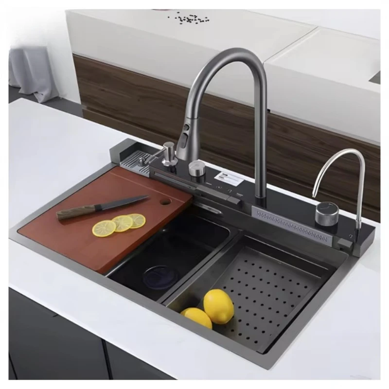 Modern Waterfall Single Bowl Kitchen Sink Stainless Steel Dishwasher Set Elegant Contemporary Style