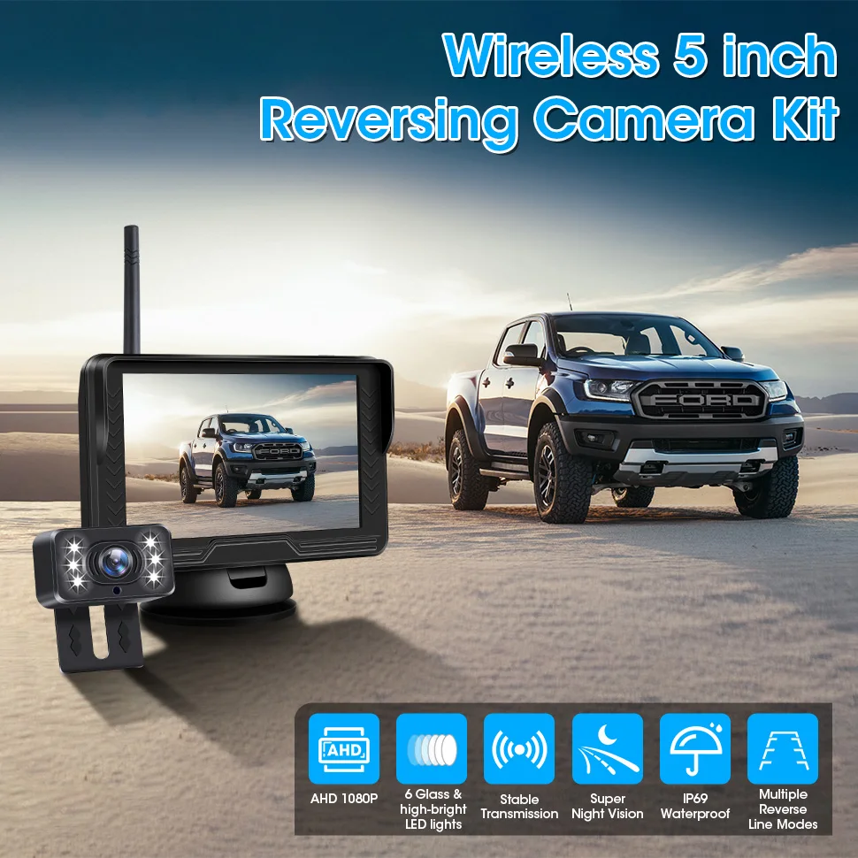 

5" Wireless Car Monitor Kit HD 1080P Rear View Camera Display Parking System for Truck Car Van Camper Two Channels Night Vision
