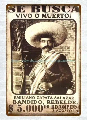 Letrero Metálico de Aluminio de Emiliano Zapata, Revolución Mexicana, Historia de México, para Tiendas y Casas Rurales