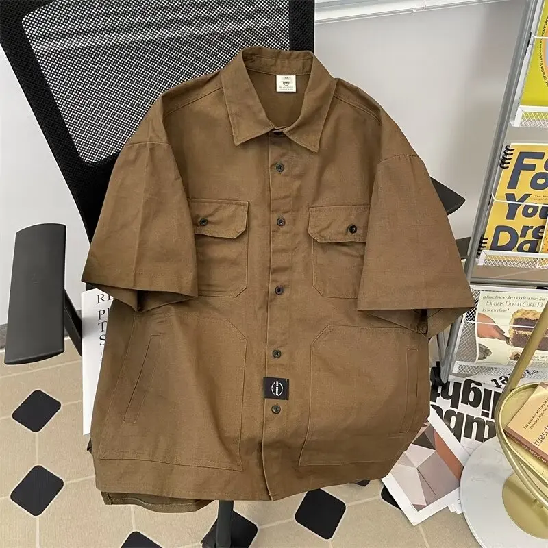 Summer Short-sleeved Shirt Men Women Pure Color Lapel Multi-pocket Cargo T-shirt Japanese Vintage Loose Casual Shirt Unisex New