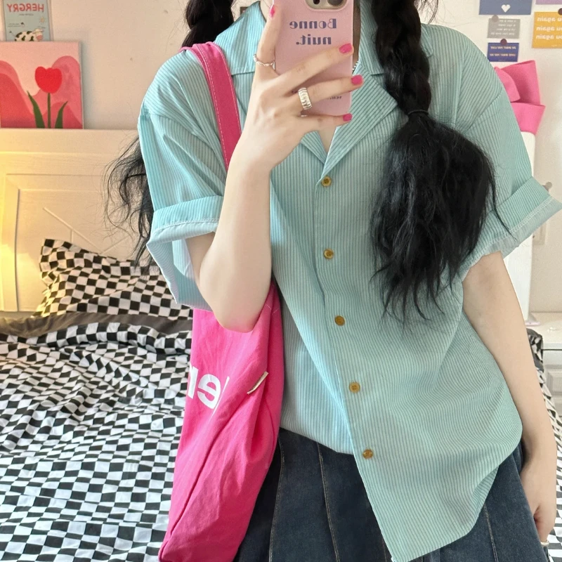 Ebaihui Koreaanse Losse Gestreepte Dames Shirt Academie Stijl Schattige Dames Korte Mouwen Blouse Retro Gelaagd Zomer Nieuwe Blusas Tops