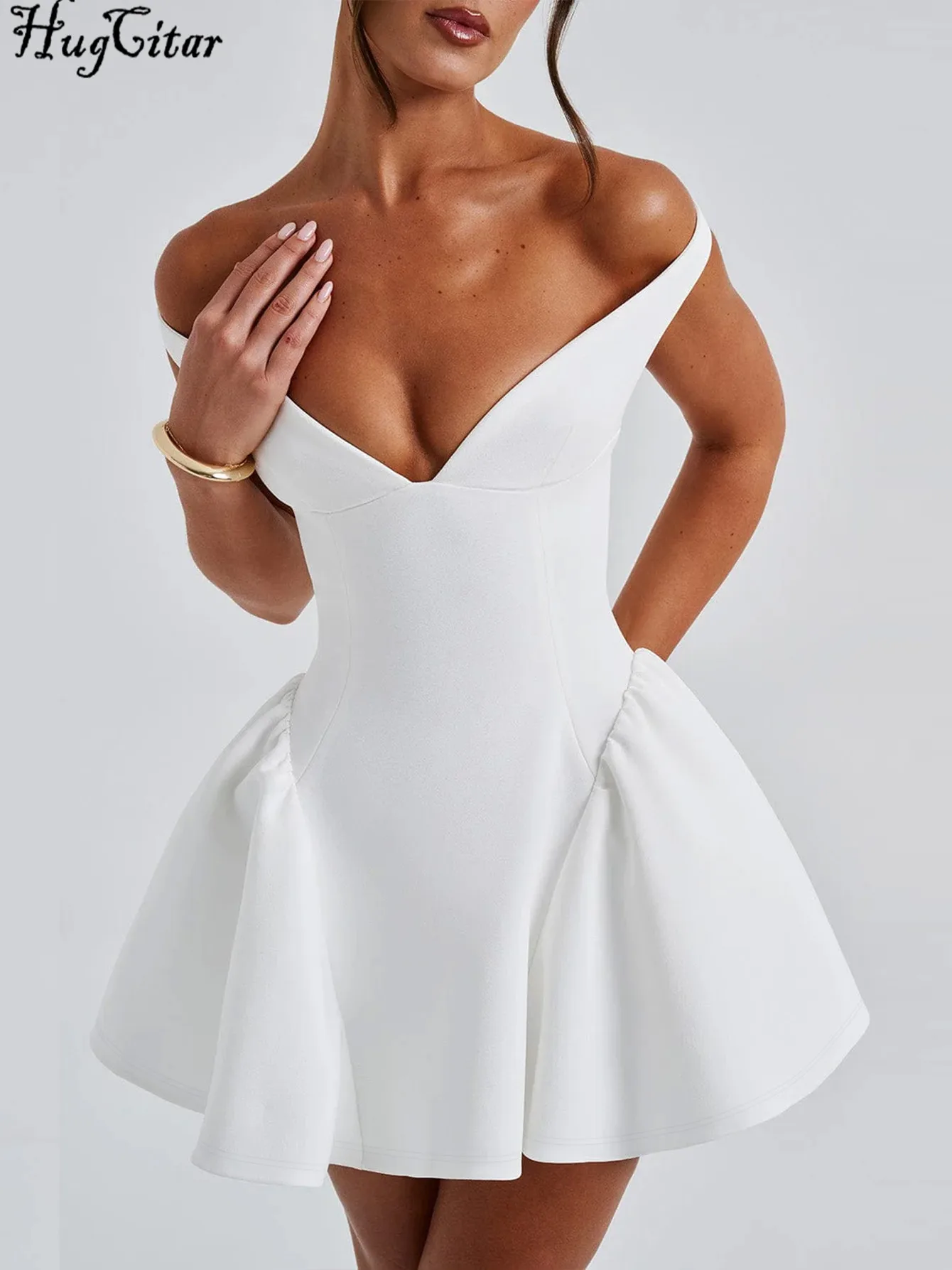 Hugcitar أنيقة الصلبة مائل الرقبة أكمام زلة ثنيات مثير Bodycon فستان حفلة موسيقية صغيرة النساء ملابس لطيف مهرجان الحفلات المسائية