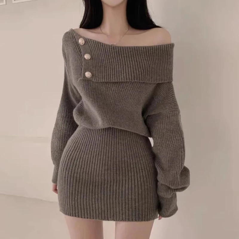 Korea Chic Autumn Winter French Design Collar Flanging Spit Soft Glutinous Long-sleeved Knitted Hip Dress Female